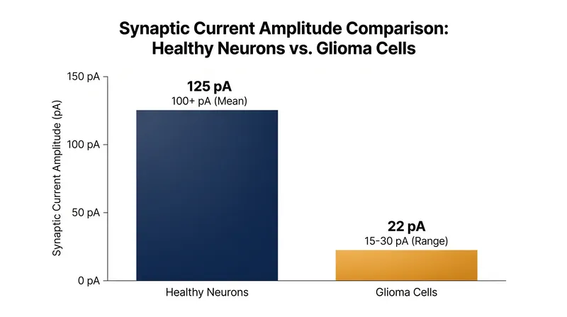 Tumor synapses operate at a fraction of the electrical amplitude of healthy neurons, prioritizing steady growth signals over high-voltage cognitive spikes.