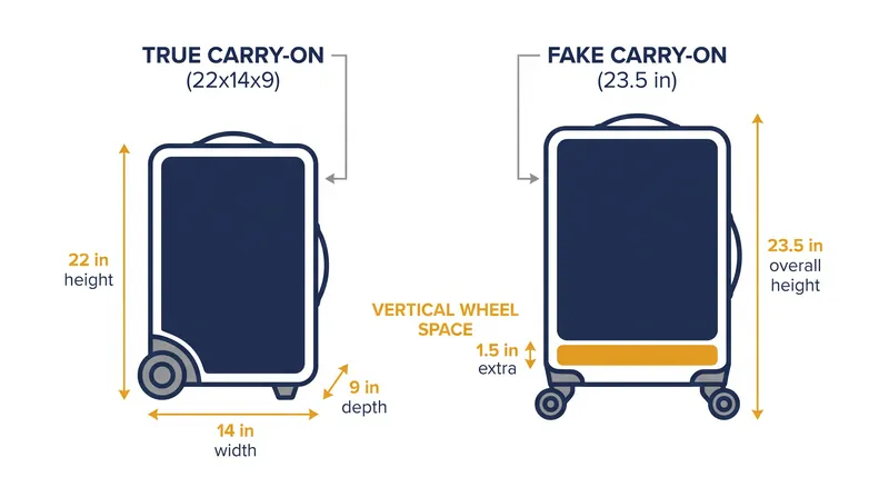 Spinner wheels can consume up to two inches of your vertical carry-on allowance.
