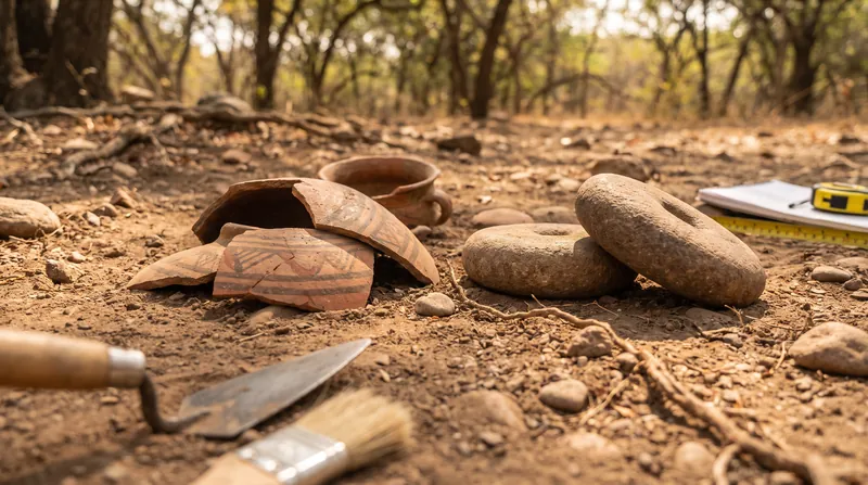 Grinding stones and deep storage pits indicate a society capable of managing significant agricultural surpluses.
