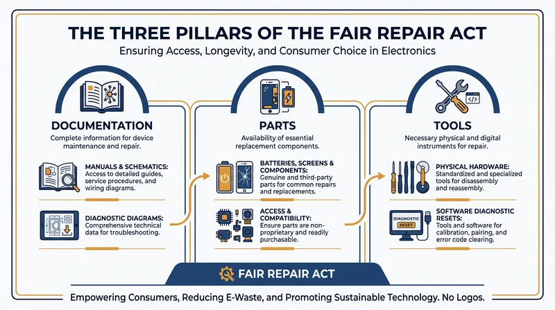 The legislation targets the three core components of the repair ecosystem that manufacturers traditionally lock down.