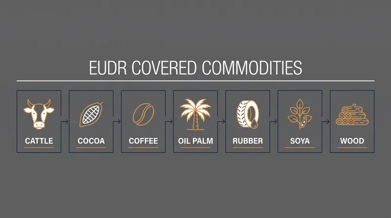 The seven primary agricultural commodities targeted by the European Union's deforestation rules.