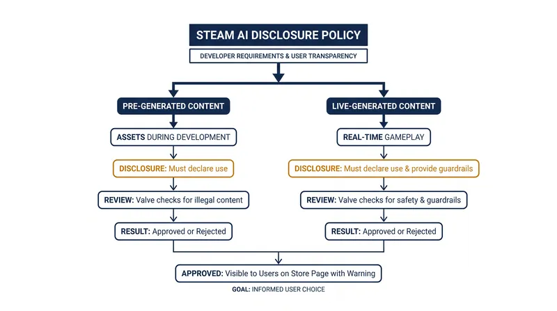 Steam's mandatory AI disclosure policy requires developers to categorize their use of generative tools.