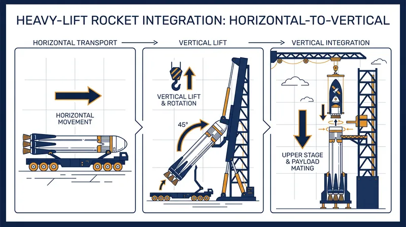 The new hybrid integration process transports the first stage horizontally before using a crane to stack the upper stage vertically.