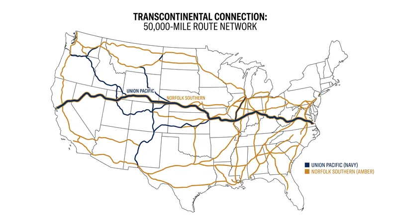 The combined entity would operate 50,000 route miles across 43 states, creating the first single-line transcontinental railroad.