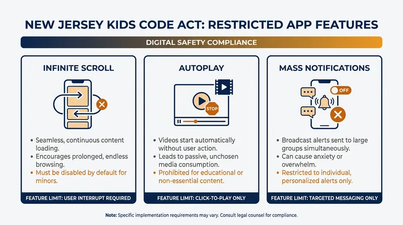 The law targets specific engagement mechanics designed to maximize screen time.