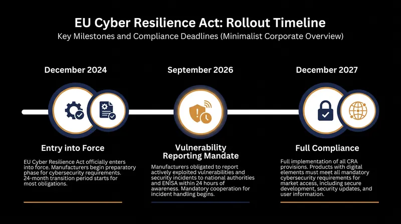 The phased rollout of the Cyber Resilience Act gives manufacturers until late 2027 for full compliance, but critical reporting begins in 2026.