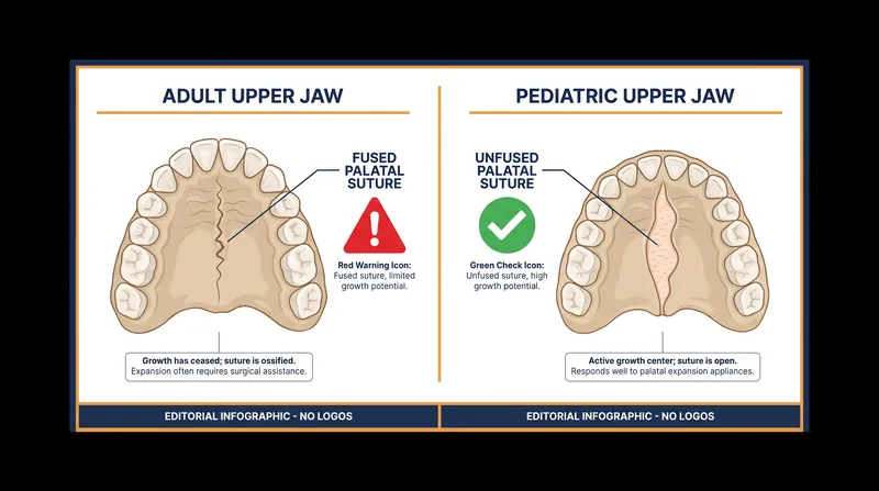Unlike children, adults have a permanently fused palatal suture, making non-surgical jaw expansion anatomically impossible.
