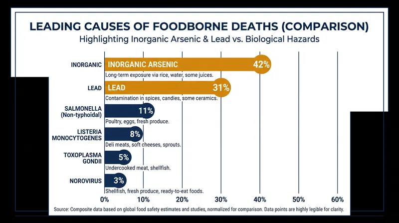 Inorganic arsenic and lead are the primary drivers of chemical-related foodborne deaths.