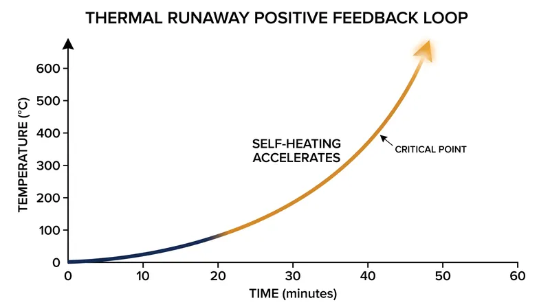 Once heat generation outpaces dissipation, temperatures can exceed 600°C in minutes.
