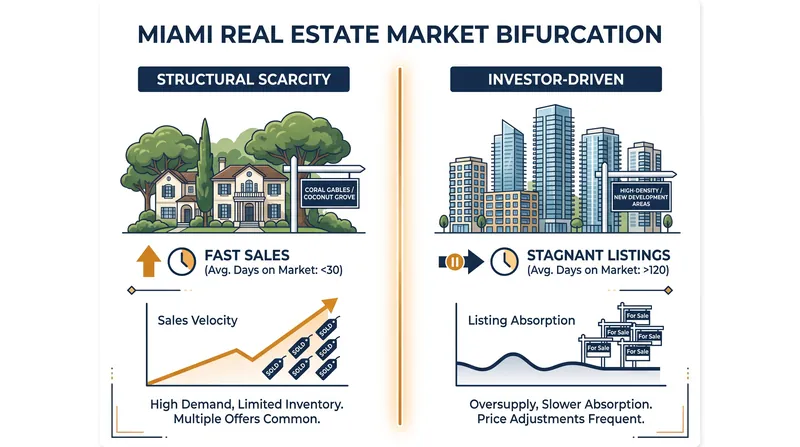 The Miami luxury market has split, heavily rewarding properties with structural scarcity while generic inventory softens.