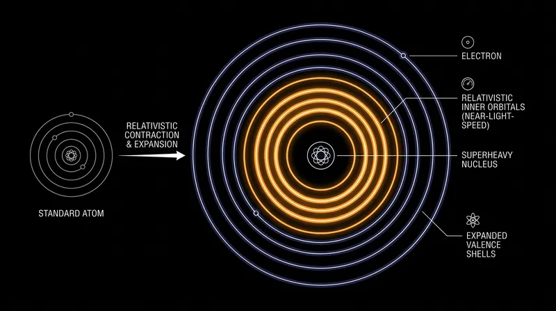 Relativistic effects cause inner electron shells to contract and outer shells to expand, altering how superheavy elements form chemical bonds.