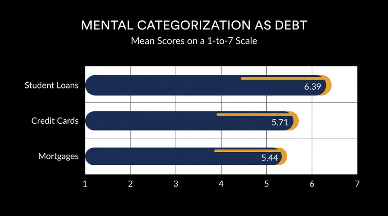 Borrowers are significantly more likely to view student loans as a burdensome 'debt' compared to mortgages or credit cards.