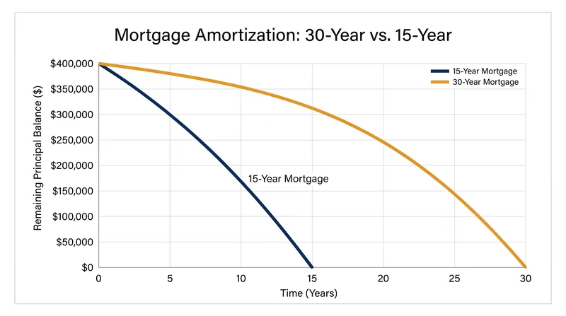 Amortization curves illustrate how quickly the 15-year term eliminates the principal balance compared to the 30-year option.