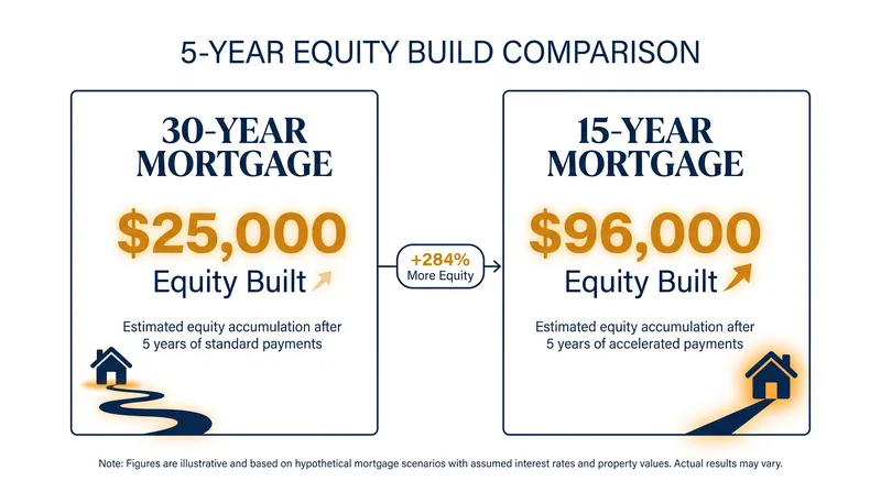 After five years of payments, the 15-year borrower has accumulated nearly four times as much equity.