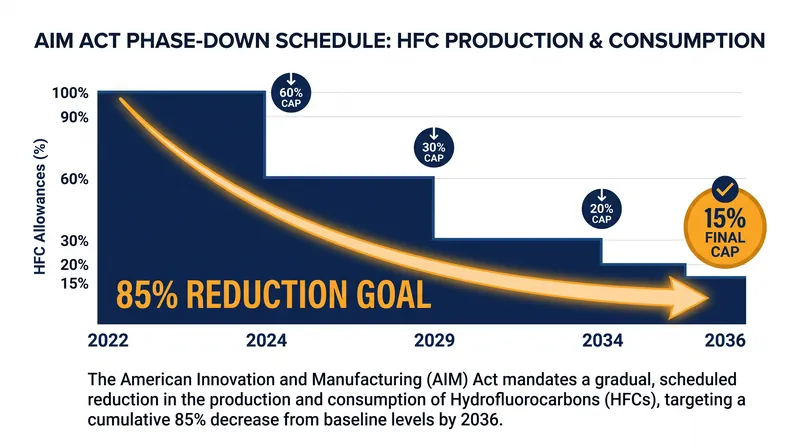 The AIM Act mandates an 85% reduction in the production of high-GWP hydrofluorocarbons by 2036.