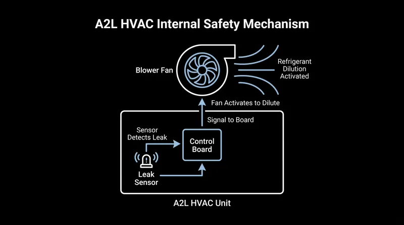 New A2L systems feature built-in leak sensors that automatically shut down the compressor and activate the fan to dilute the mildly flammable refrigerant.