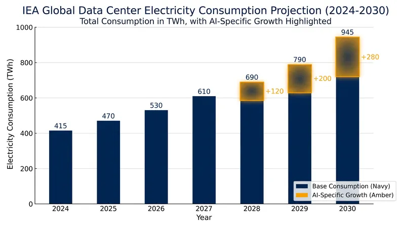 Global data center electricity consumption is expected to more than double by 2030, driven primarily by AI workloads.