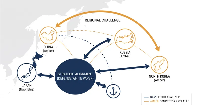 The 2026 white paper identifies the alignment of China, Russia, and North Korea as a primary strategic challenge.