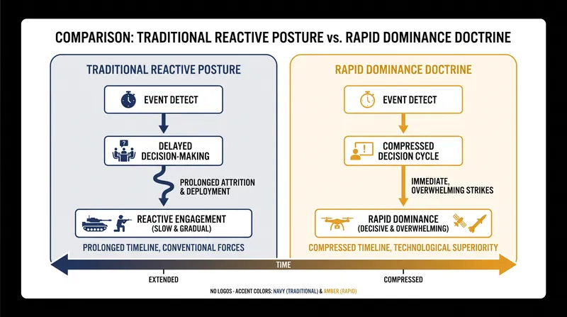 Rapid Dominance compresses the timeline of engagement, prioritizing immediate technological superiority over prolonged troop deployments.