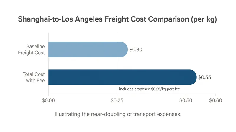 At the highest proposed tier, the fee acts as an 82 percent surcharge on transpacific shipping.