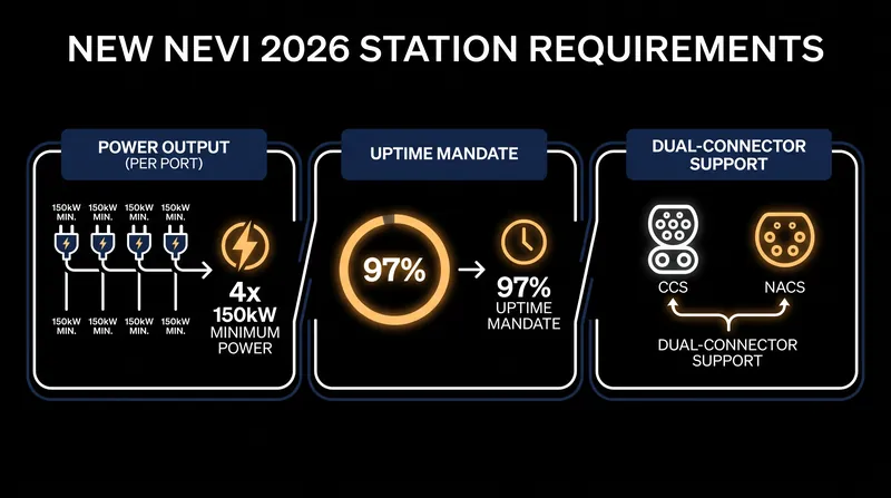 Federal standards mandate high power output and strict reliability metrics for all NEVI-funded sites.