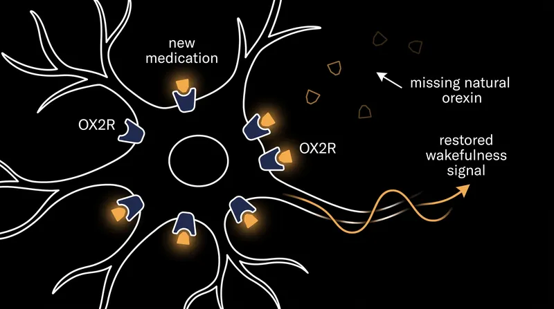 Oveporexton works by binding to orexin receptors in the brain, replacing the missing chemical signal that regulates sleep and wakefulness.