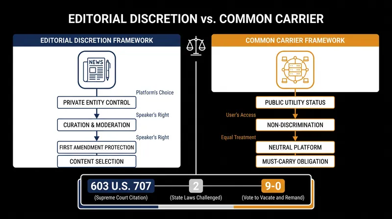The Supreme Court unanimously vacated the lower court rulings, but the majority heavily favored the editorial discretion framework.