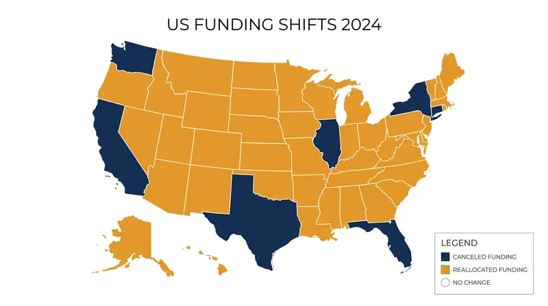 The 12 states that had their grid resilience funding canceled and reallocated.