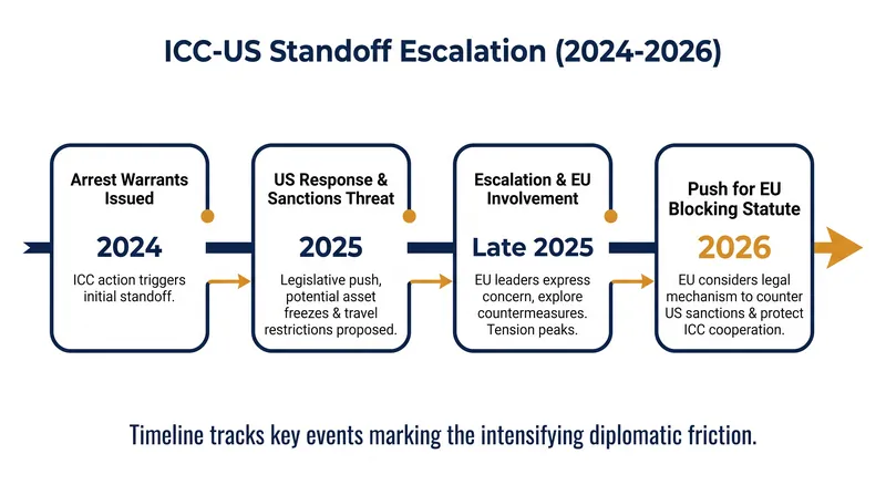 The timeline of escalating tensions between the United States and the International Criminal Court.