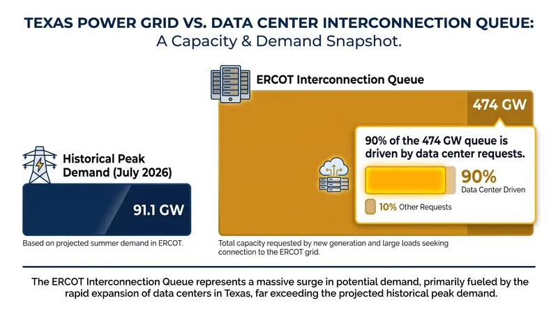 Data center load requests in the ERCOT queue now exceed five times the state's all-time record for peak power demand.