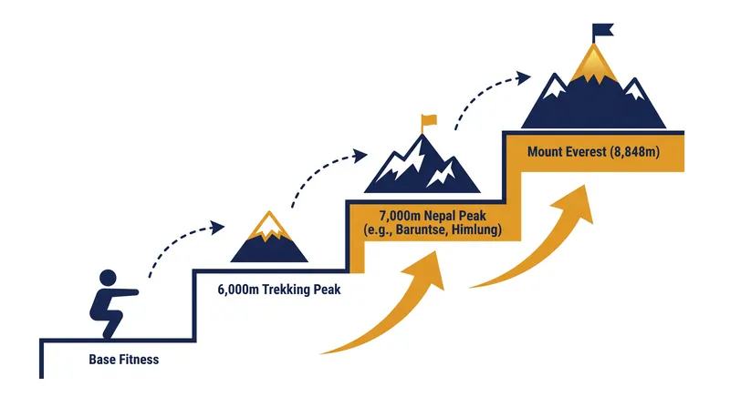 The mandatory progression ladder requires climbers to summit a 7,000-meter peak in Nepal before attempting Everest.