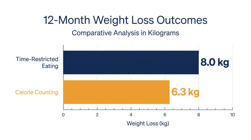 After 12 months, the physiological weight loss difference between fasting and calorie counting is not statistically significant.