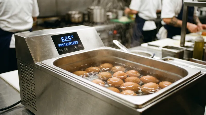 Commercial in-shell pasteurization holds eggs at exactly 140°F for 3.5 minutes, destroying pathogens without cooking the egg.