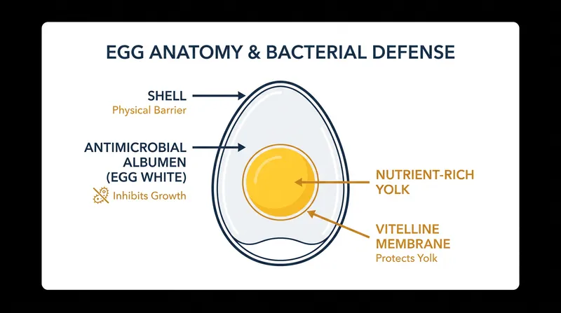 Salmonella Enteritidis can be deposited inside the egg before the shell forms, making the internal membranes the primary defense.