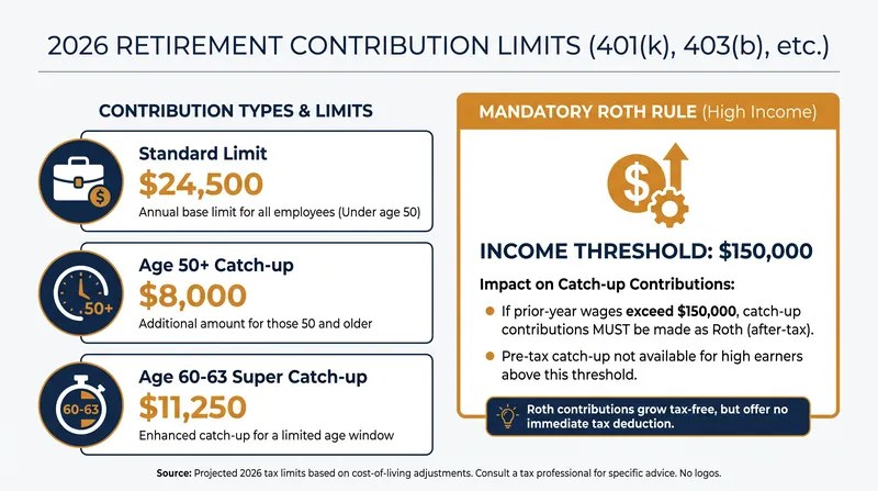 2026 contribution limits and the new Roth catch-up threshold.