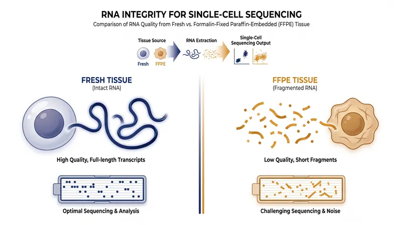 Formalin fixation preserves tissue structure but severely fragments cellular RNA, requiring new sequencing approaches.