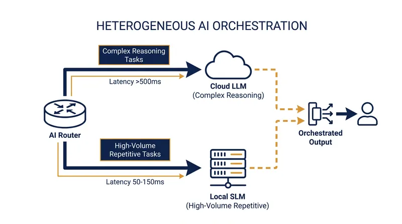 The 2026 standard architecture routes routine tasks to edge SLMs while reserving frontier LLMs for complex reasoning.