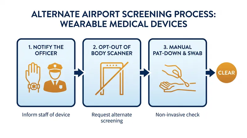 The standard alternate screening protocol replaces millimeter-wave scanners with manual inspections and trace detection.