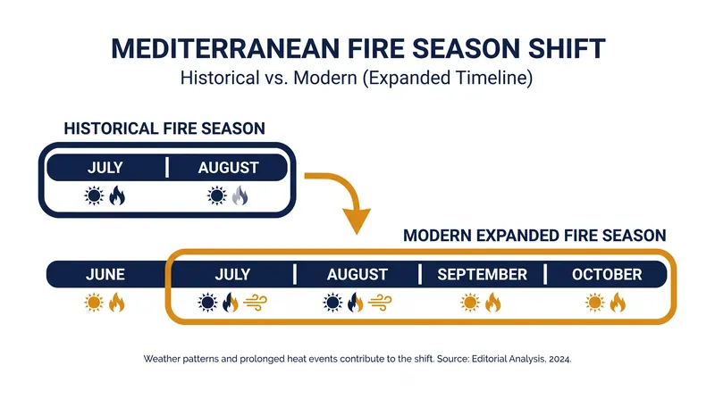 Climate data indicates the traditional fire risk window has expanded by several weeks on both ends of the summer.