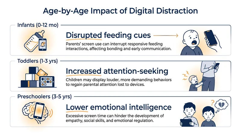 How the effects of parental screen time shift as children grow.