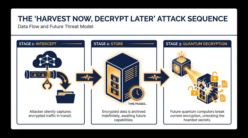The HNDL attack sequence relies on storing intercepted data until quantum decryption becomes viable.