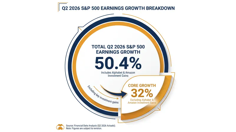 Mega-cap accounting windfalls inflated the headline figure, but core growth remained historically strong at 32%.