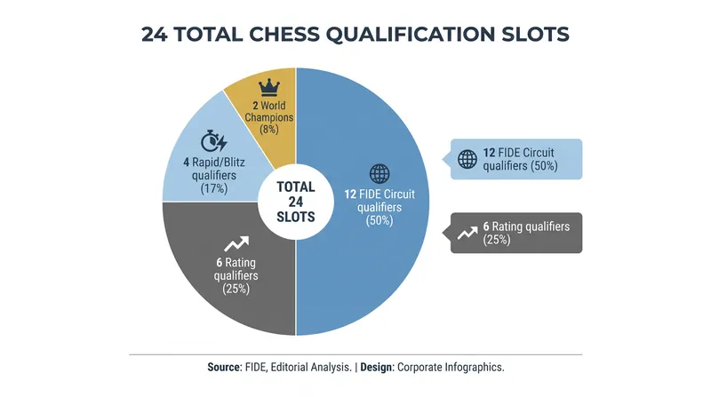 The 24-player field is assembled from multiple qualification paths, rewarding both peak ratings and tournament endurance.