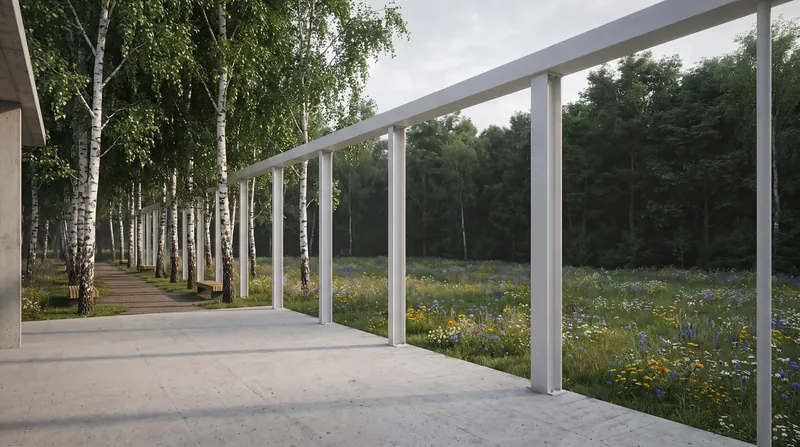 The surrounding memorial park recreates the rural landscapes victims witnessed on their final journey.