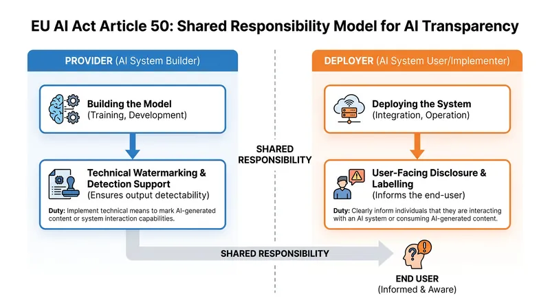 Article 50 splits compliance duties between the tech companies building the models and the businesses deploying them.