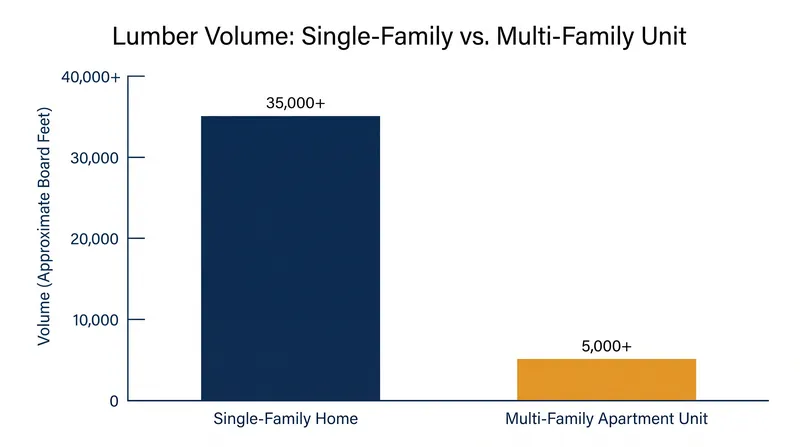Multi-family housing units require significantly less framing lumber per family than traditional single-family homes.