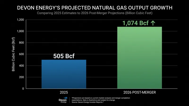 The integration of Coterra's Marcellus assets is projected to more than double Devon's natural gas output.
