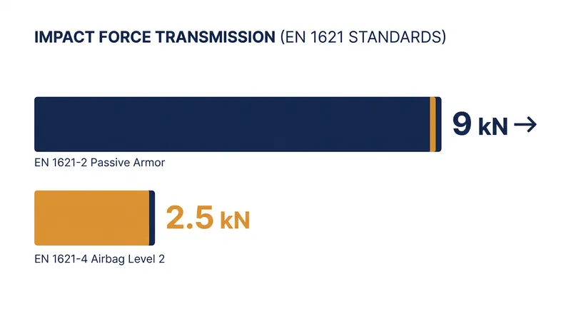 Under the EN 1621-4 standard, Level 2 airbags transmit significantly less impact force than traditional passive foam armor.