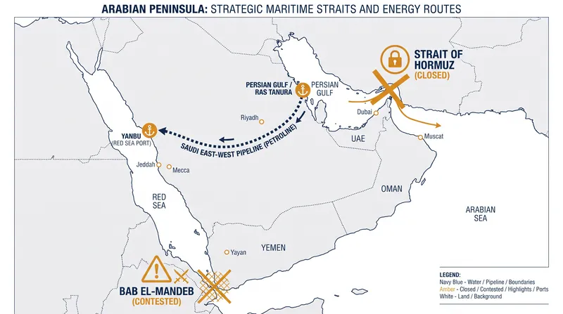 Saudi Arabia's pipeline bypass to the Red Sea still requires Asian-bound oil to transit the Bab el-Mandeb Strait.