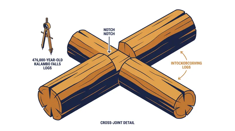 The Kalambo Falls structure features a deliberately carved U-shaped notch, allowing two logs to interlock at a right angle.